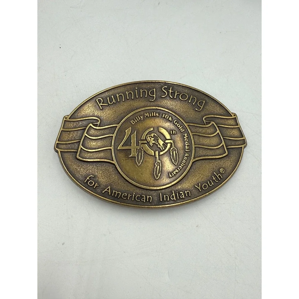 Billy Mills Running Strong 40th Anniversary Belt Buckle Brass Olympic Gold Medal